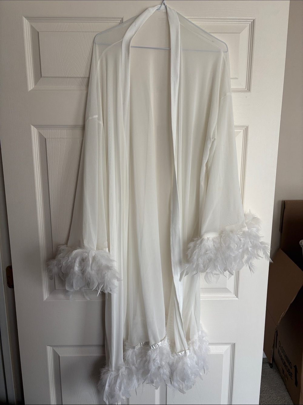 Feather Trim Sheer Robe - White
